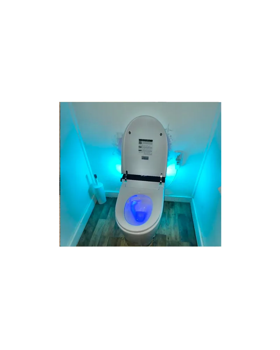 FlowLux smart toilet — open lid blue interior